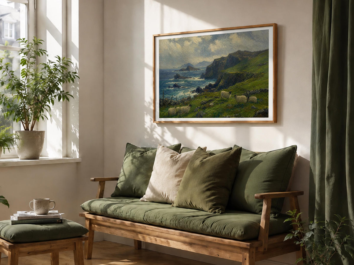 Cliffside sheep pasture oil painting Irish print – wall mockup 5