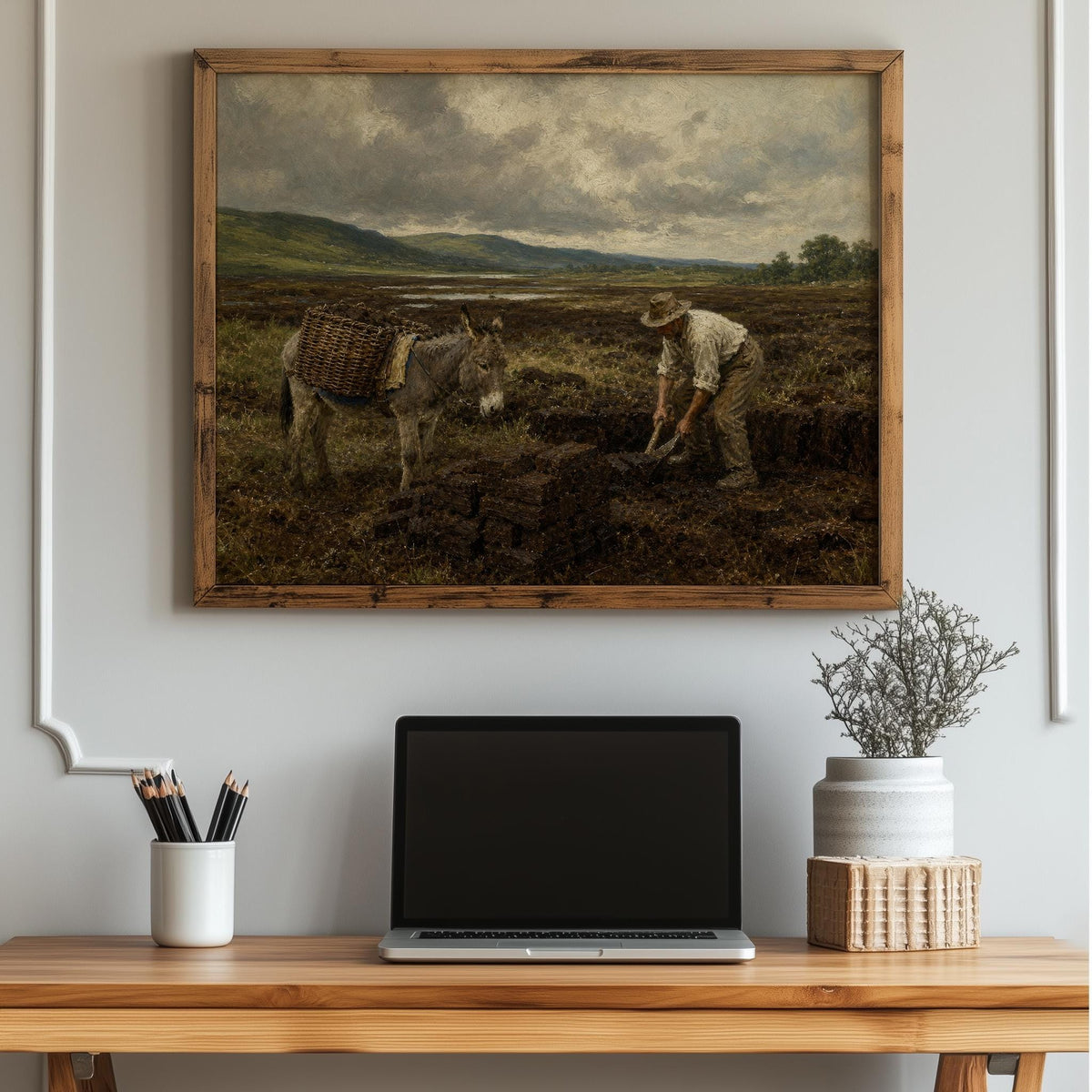 Irish bog turf cutting oil painting Irish print – wall mockup 5