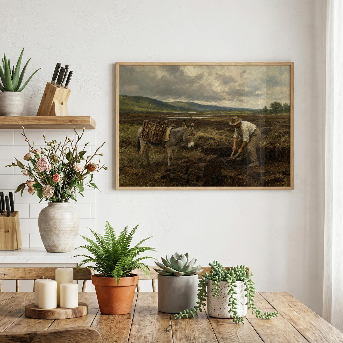 Irish bog turf cutting oil painting Irish print – wall mockup 2