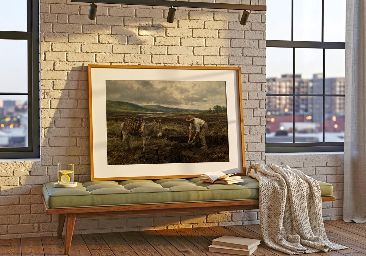 Irish bog turf cutting oil painting Irish print – wall mockup 1