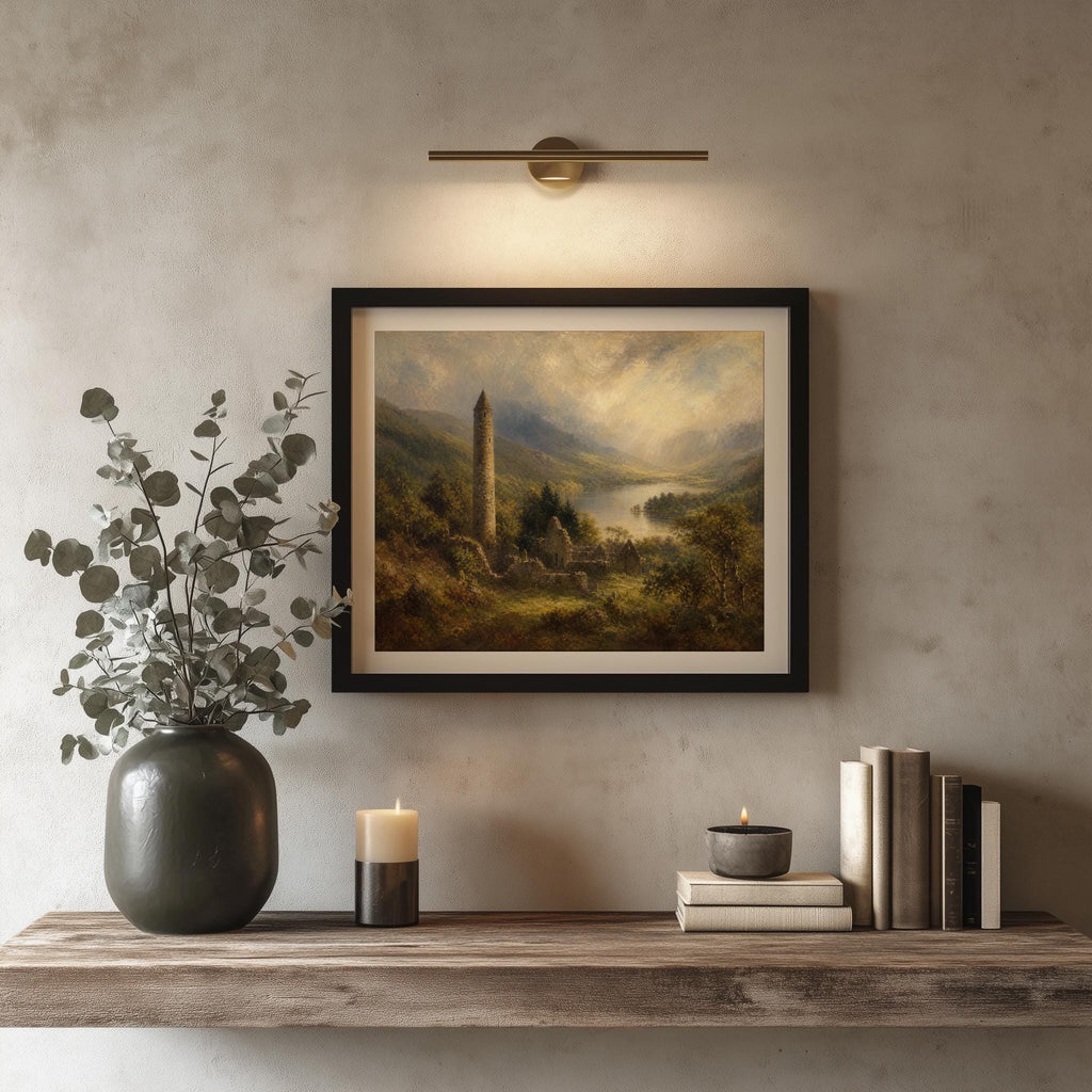 Glendalough round tower oil painting Irish print – wall mockup 2