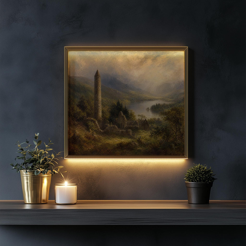 Glendalough round tower oil painting Irish print – wall mockup 4