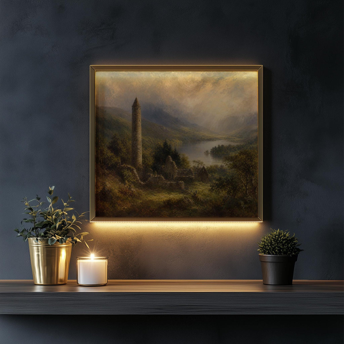 Glendalough round tower oil painting Irish print – wall mockup 4