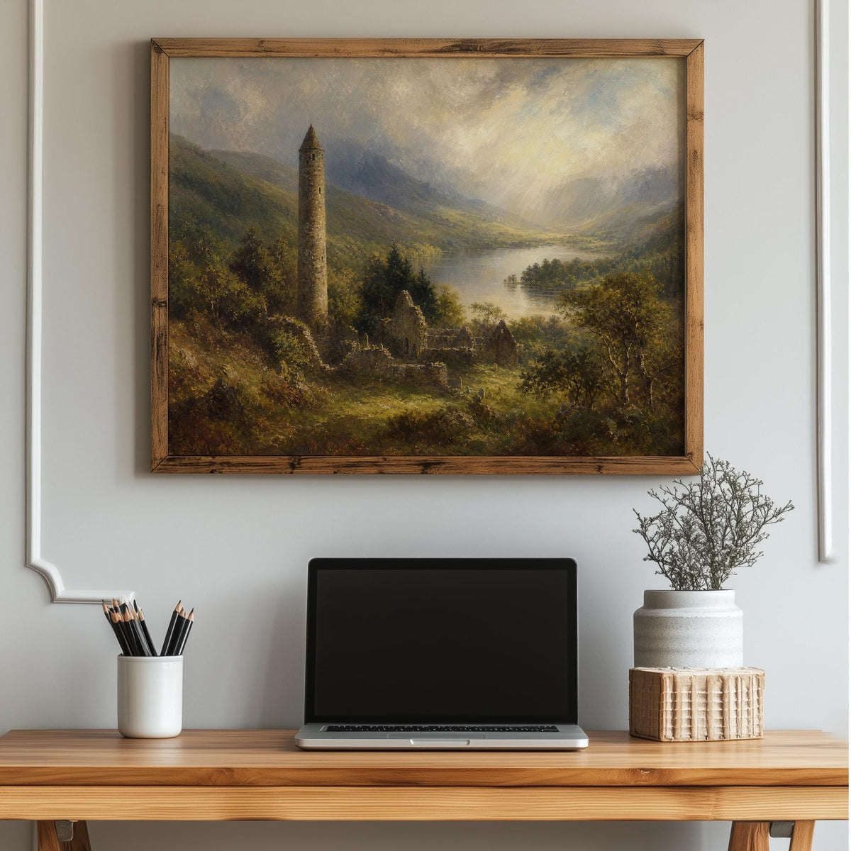 Glendalough round tower oil painting Irish print – wall mockup 5