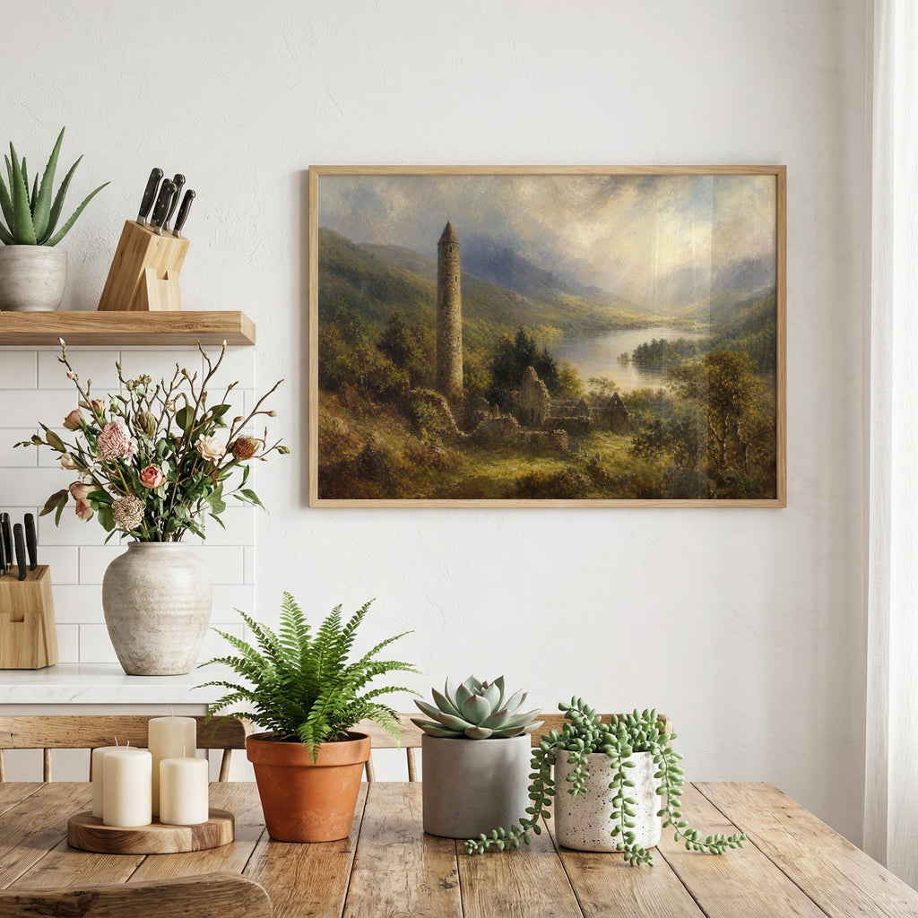 Glendalough round tower oil painting Irish print – wall mockup 6