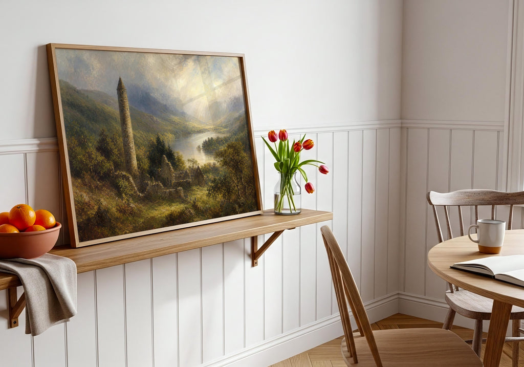 Glendalough round tower oil painting Irish print – wall mockup 8