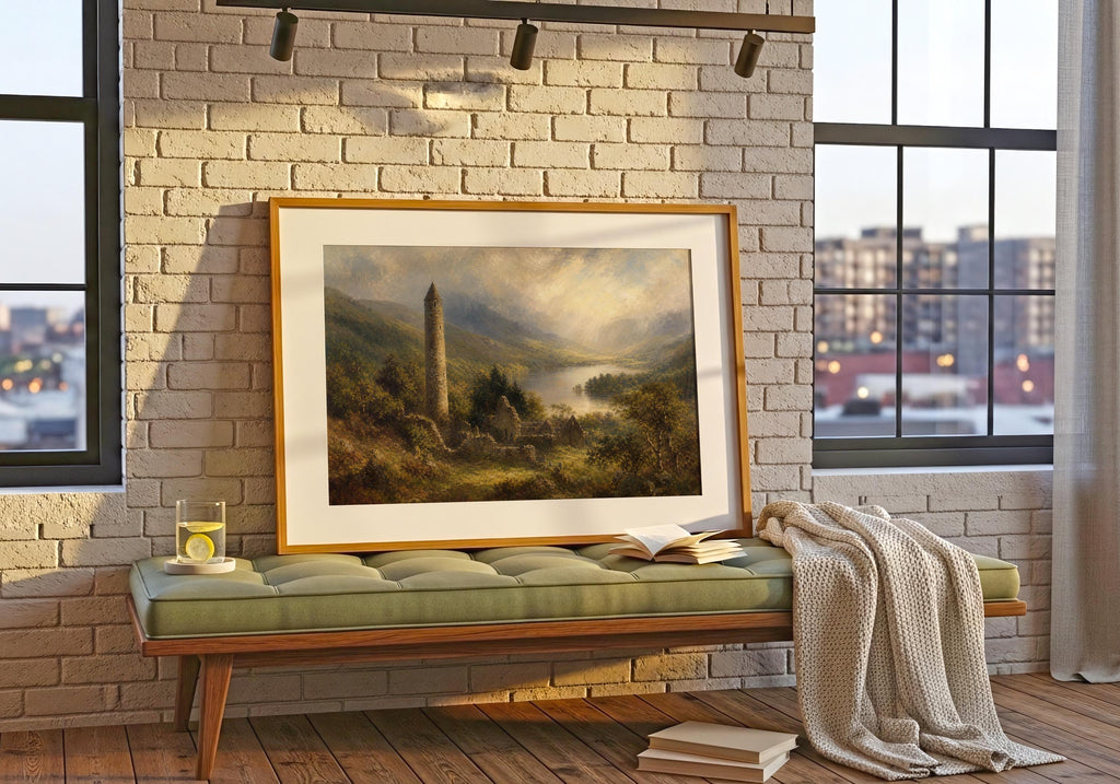 Glendalough round tower oil painting Irish print – wall mockup 9