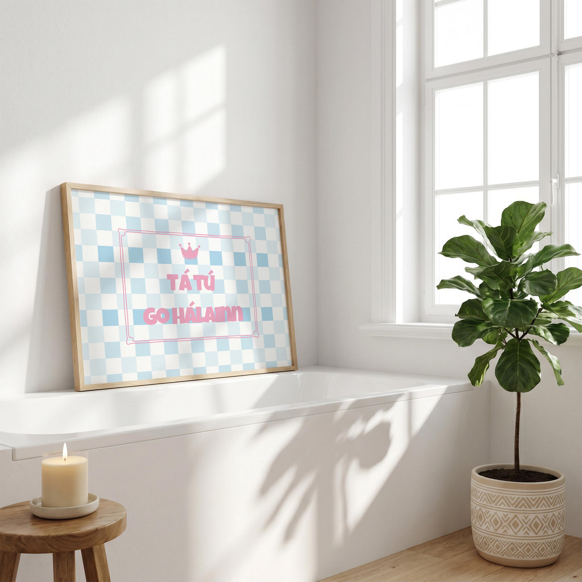 Tá tú go hálainn blue checkerboard Irish print – wall mockup 2