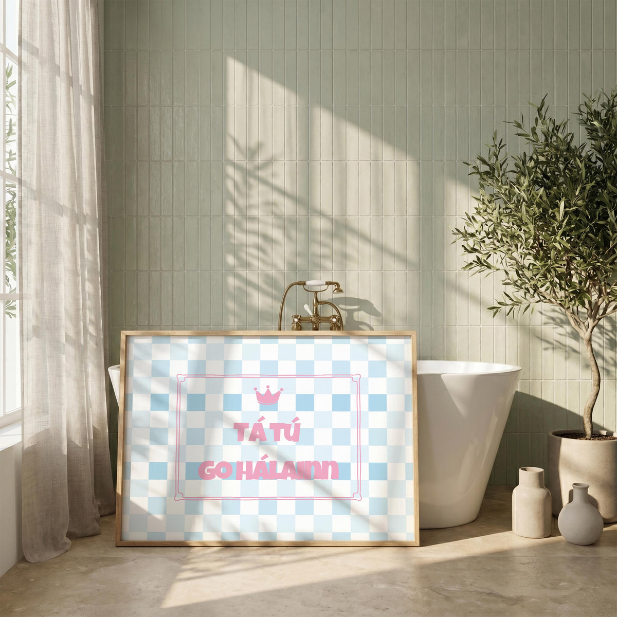 Tá tú go hálainn blue checkerboard Irish print – wall mockup 3
