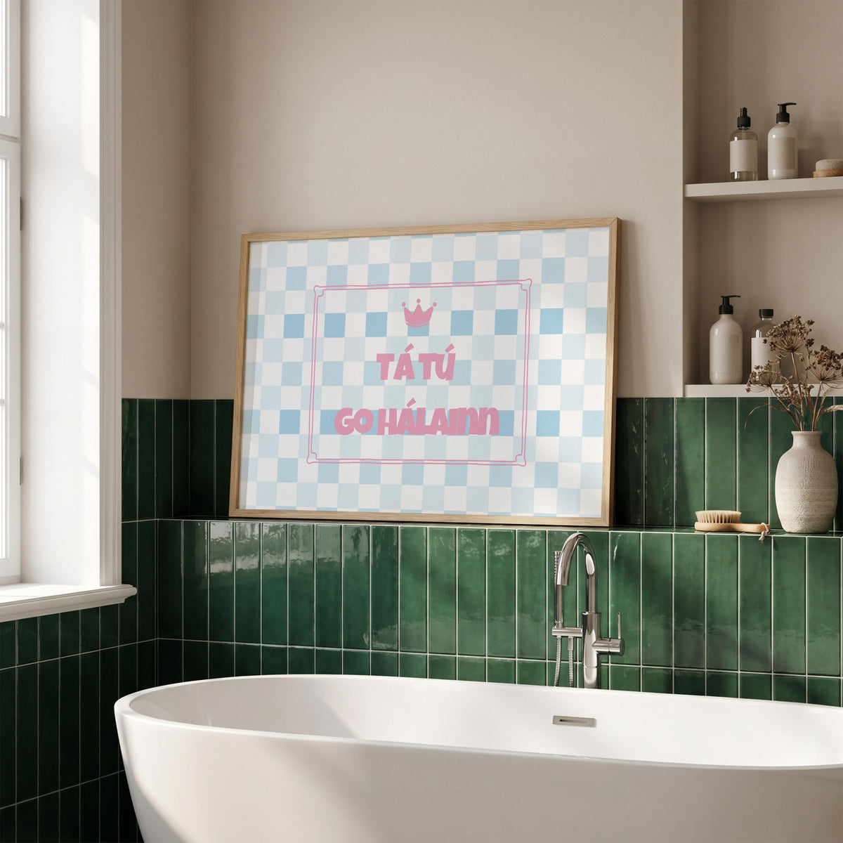 Tá tú go hálainn blue checkerboard Irish print – wall mockup 4