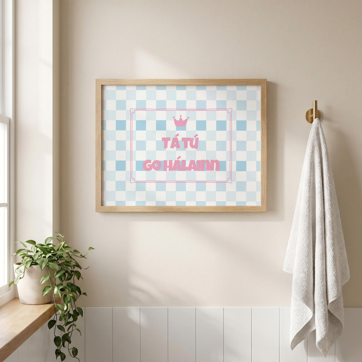 Tá tú go hálainn blue checkerboard Irish print – wall mockup 5
