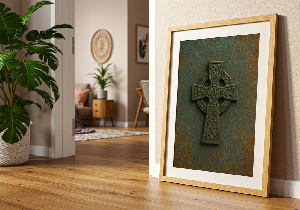 Verdigris bronze Celtic relief Irish print set – wall mockup 5