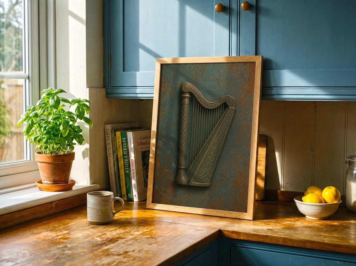 Verdigris bronze Celtic relief Irish print set – wall mockup 4