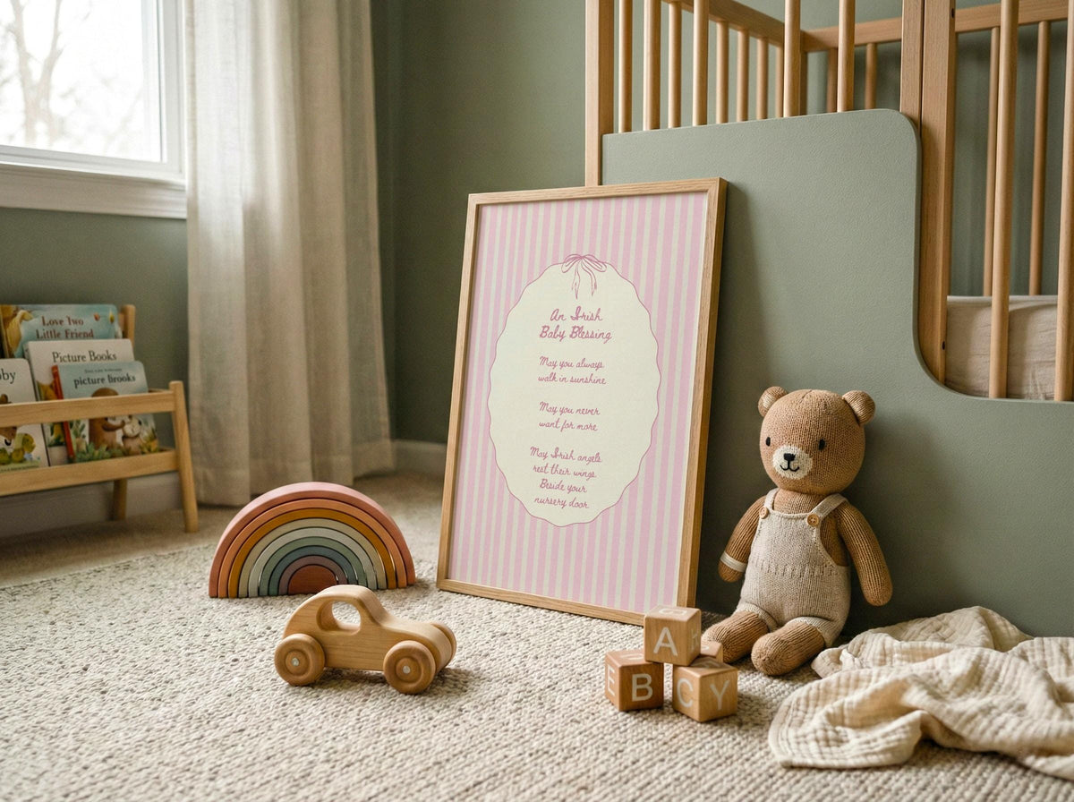Irish baby blessing pink stripe Irish print – wall mockup 1