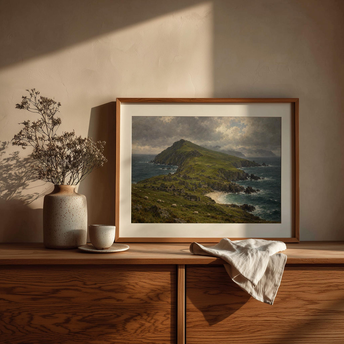 Great Blasket Island vintage Irish oil painting print – wall mockup 3