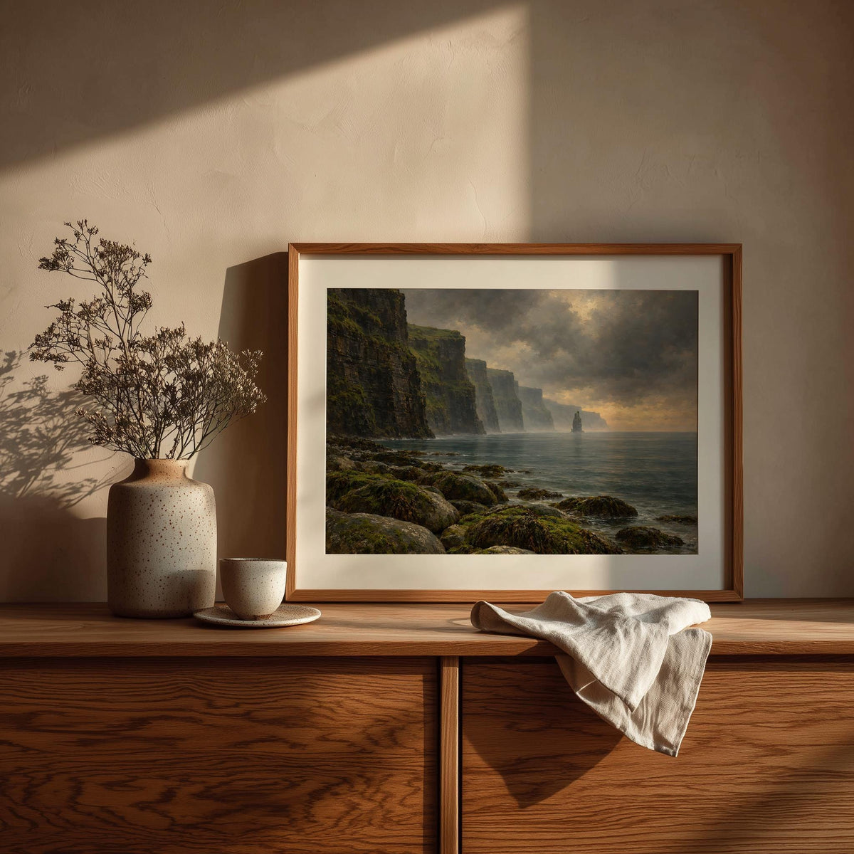 Cliffs of Moher vintage Irish oil painting print – wall mockup 3