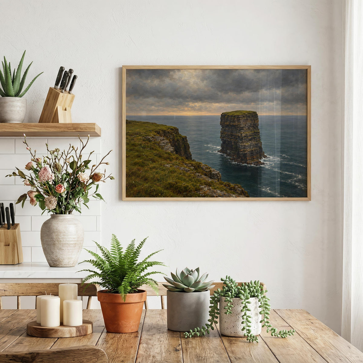 Dún Briste sea stack vintage Irish oil painting print – wall mockup 1