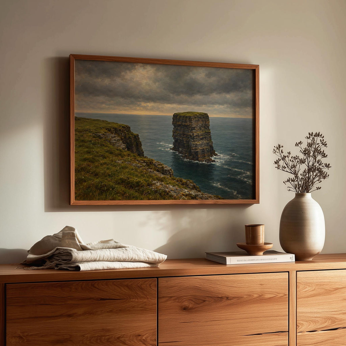 Dún Briste sea stack vintage Irish oil painting print – wall mockup 2