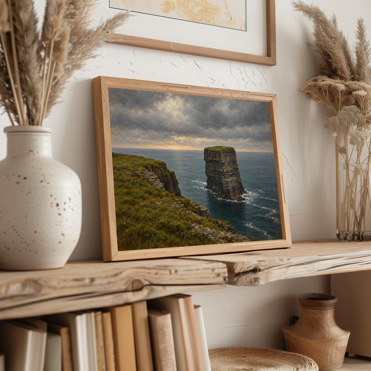 Dún Briste sea stack vintage Irish oil painting print – wall mockup 3