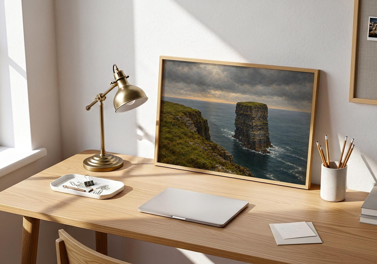 Dún Briste sea stack vintage Irish oil painting print – wall mockup 5