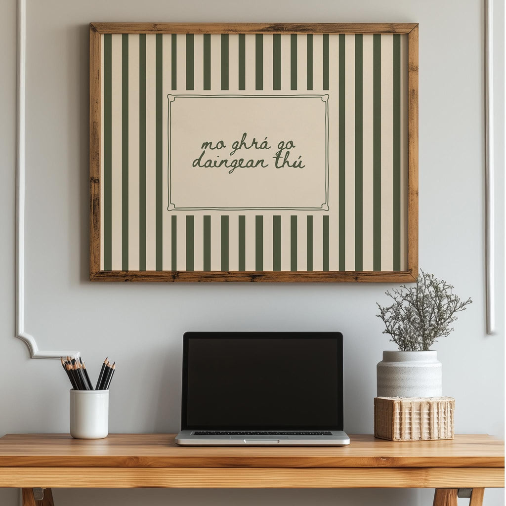 Green stripe Gaelic love quote print – wall mockup 2