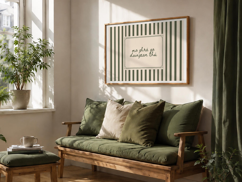 Green stripe Gaelic love quote print – wall mockup 4