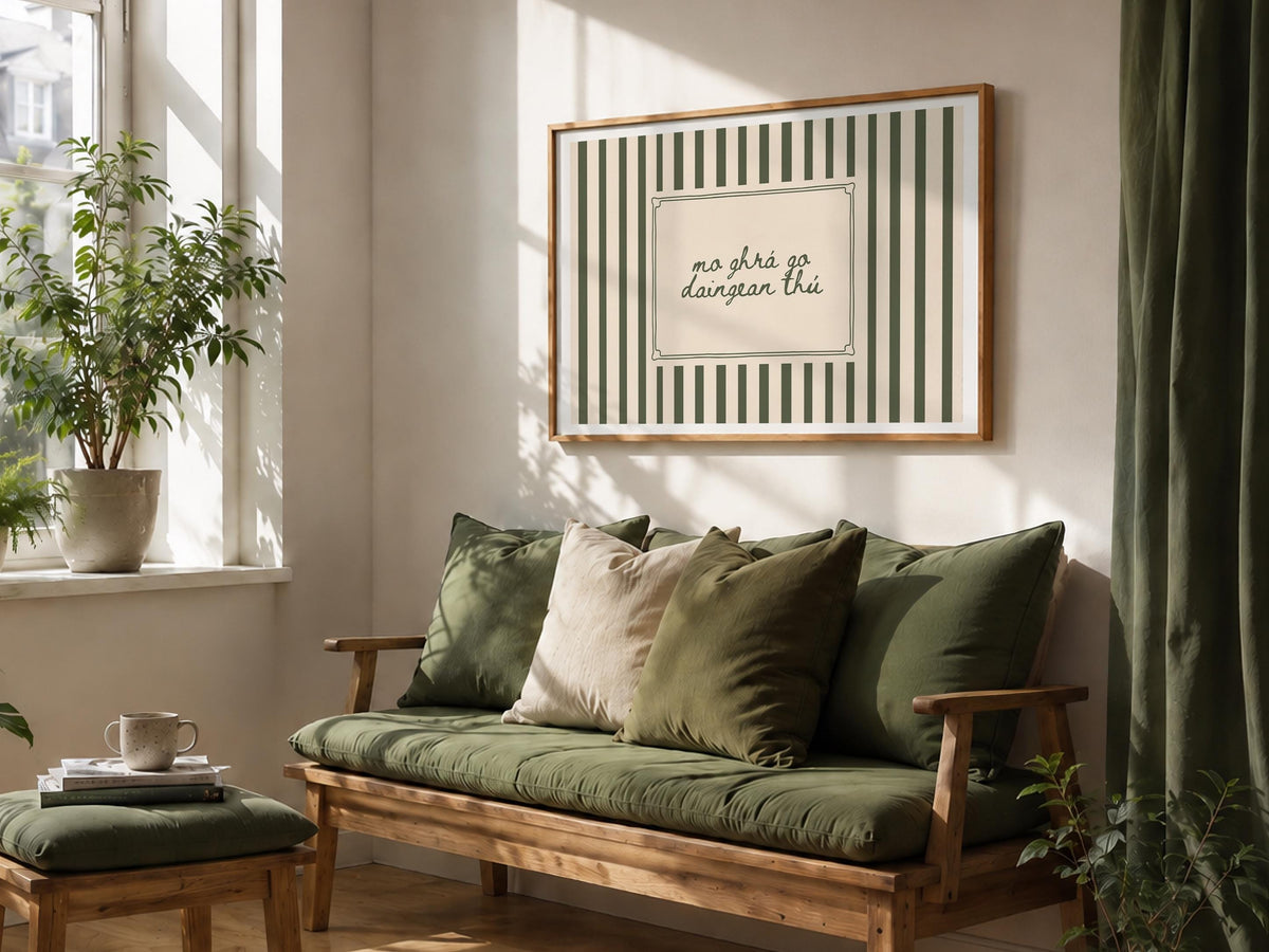 Green stripe Gaelic love quote print – wall mockup 4