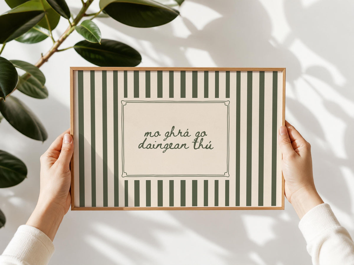 Green stripe Gaelic love quote print – wall mockup 6