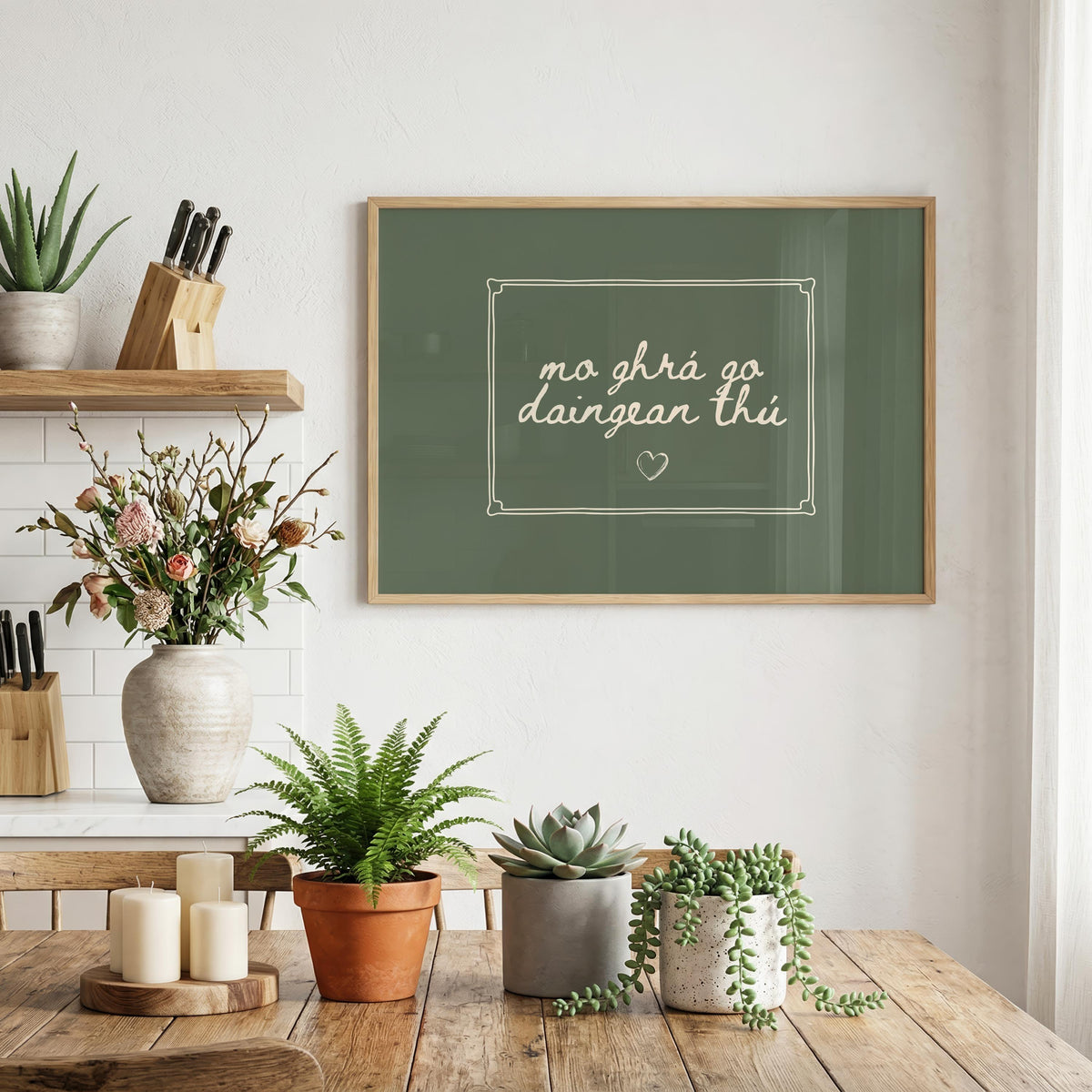 Mo ghrá go daingean thú sage green Irish print – wall mockup 4