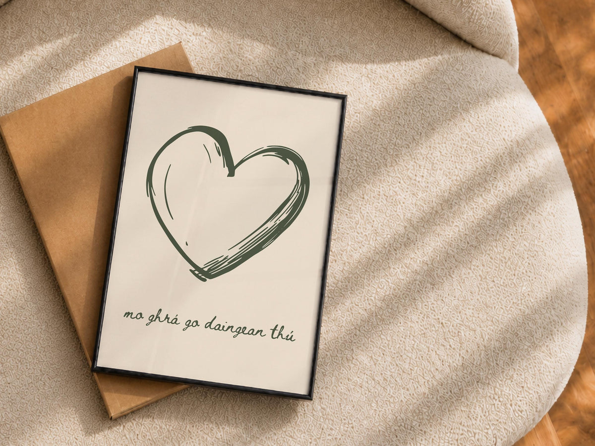 Hand-drawn heart Gaelic love print – wall mockup 4