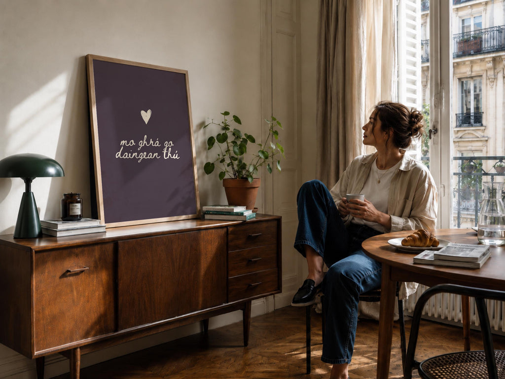 Mo ghrá go daingean thú plum Irish print – wall mockup 2