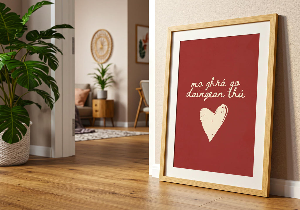 Gaelic love saying burgundy Irish print – wall mockup 5