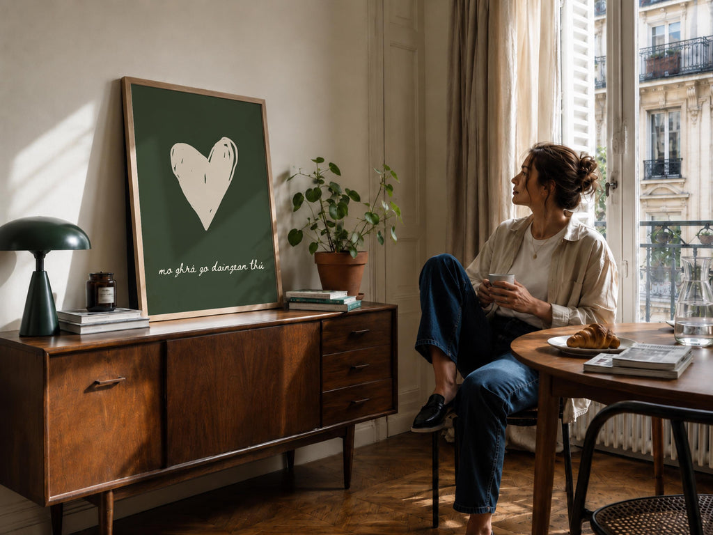 Mo ghrá go daingean thú green heart Irish print – wall mockup 5
