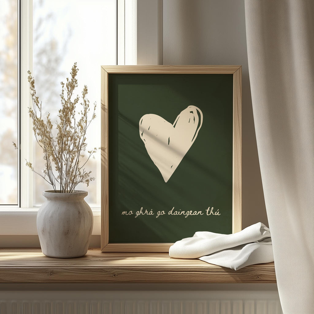 Mo ghrá go daingean thú green heart Irish print – wall mockup 8