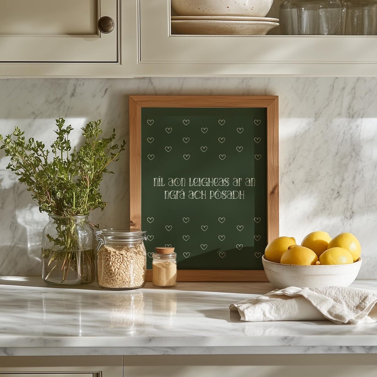 Níl aon leigheas forest green hearts Irish print – wall mockup 2