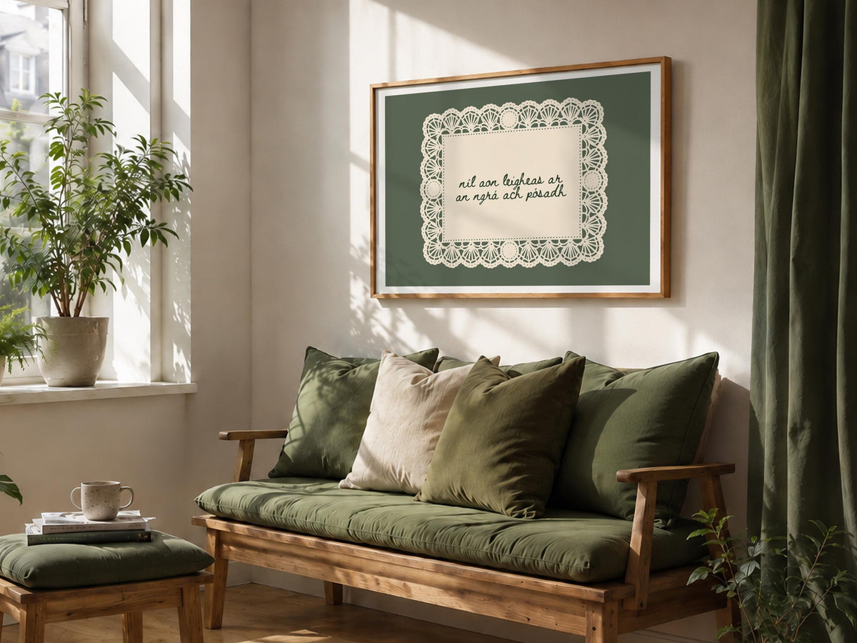 Níl aon leigheas sage lace doily Irish print – wall mockup 1