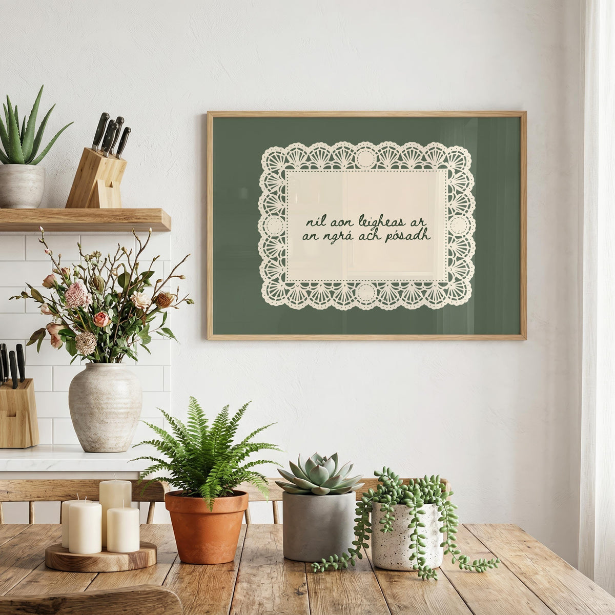 Níl aon leigheas sage lace doily Irish print – wall mockup 4
