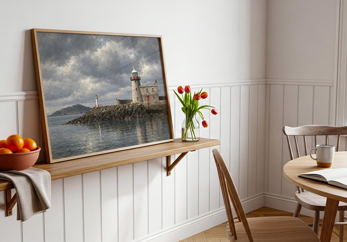 Howth Lighthouse vintage Irish oil painting print – wall mockup 5