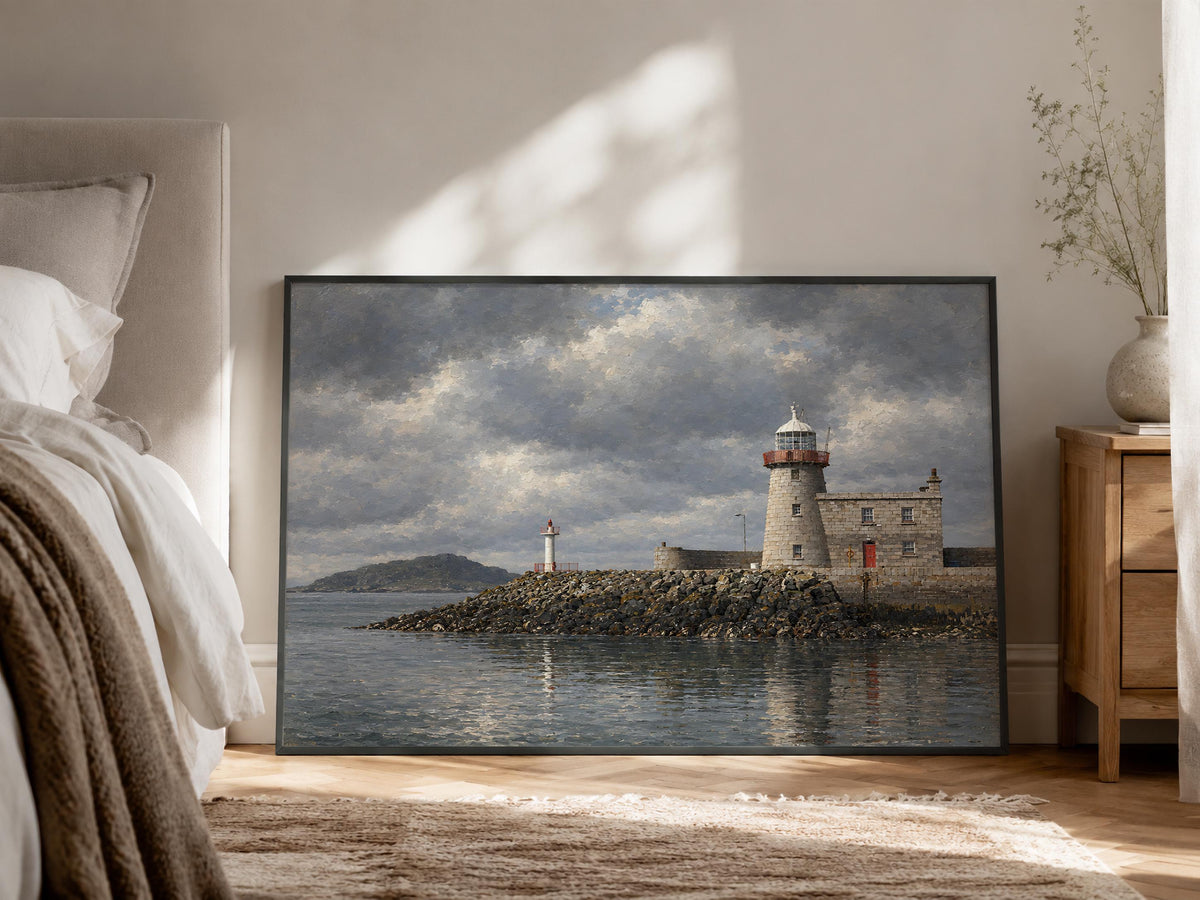 Howth Lighthouse vintage Irish oil painting print – wall mockup 3