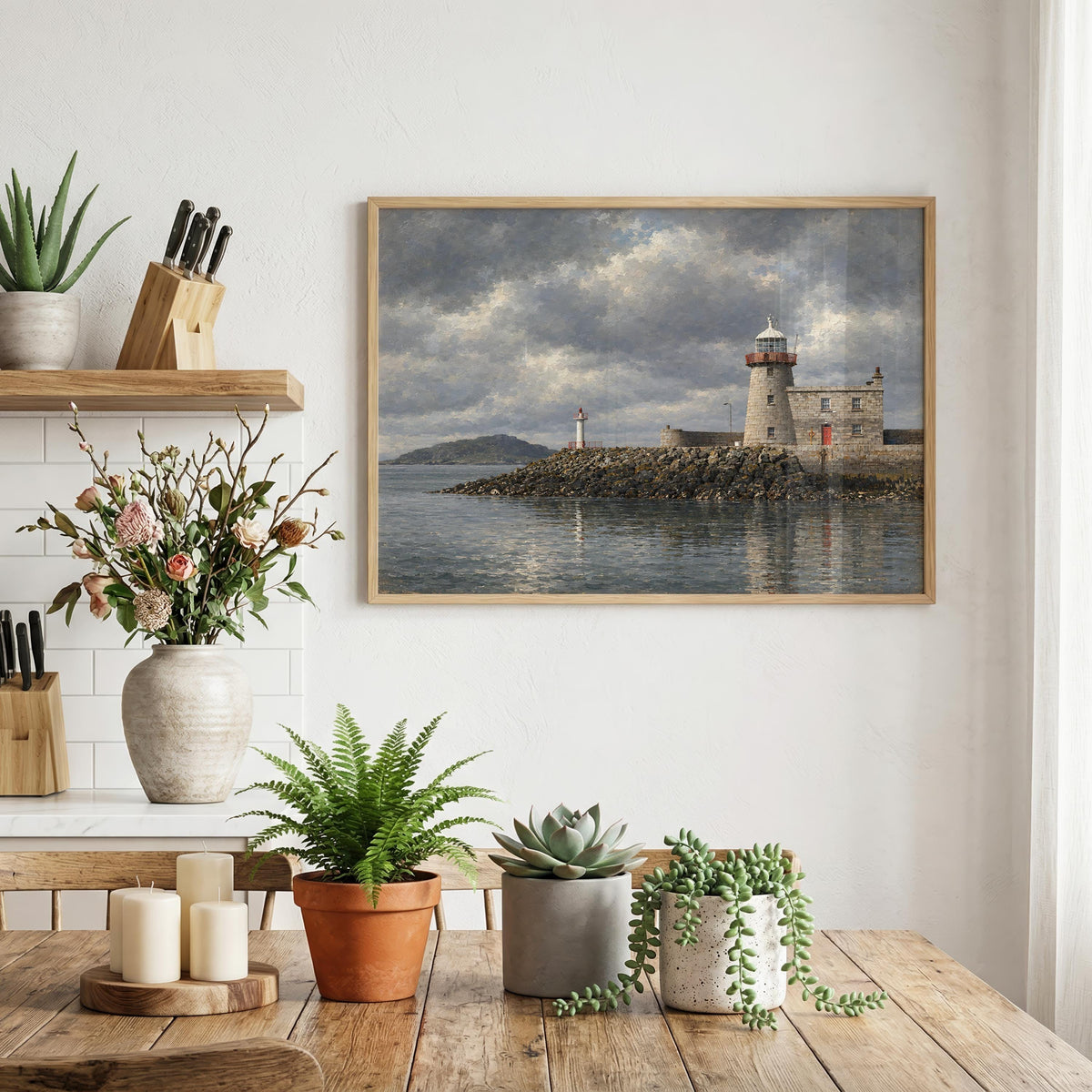 Howth Lighthouse vintage Irish oil painting print – wall mockup 1