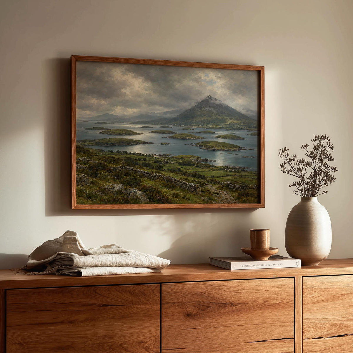 Croagh Patrick Clew Bay vintage Irish oil painting print – wall mockup 1