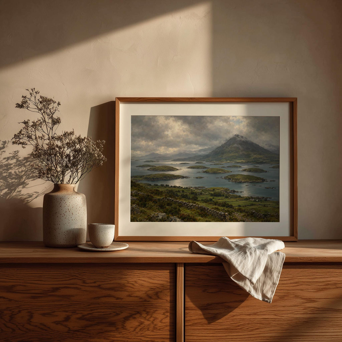 Croagh Patrick Clew Bay vintage Irish oil painting print – wall mockup 2