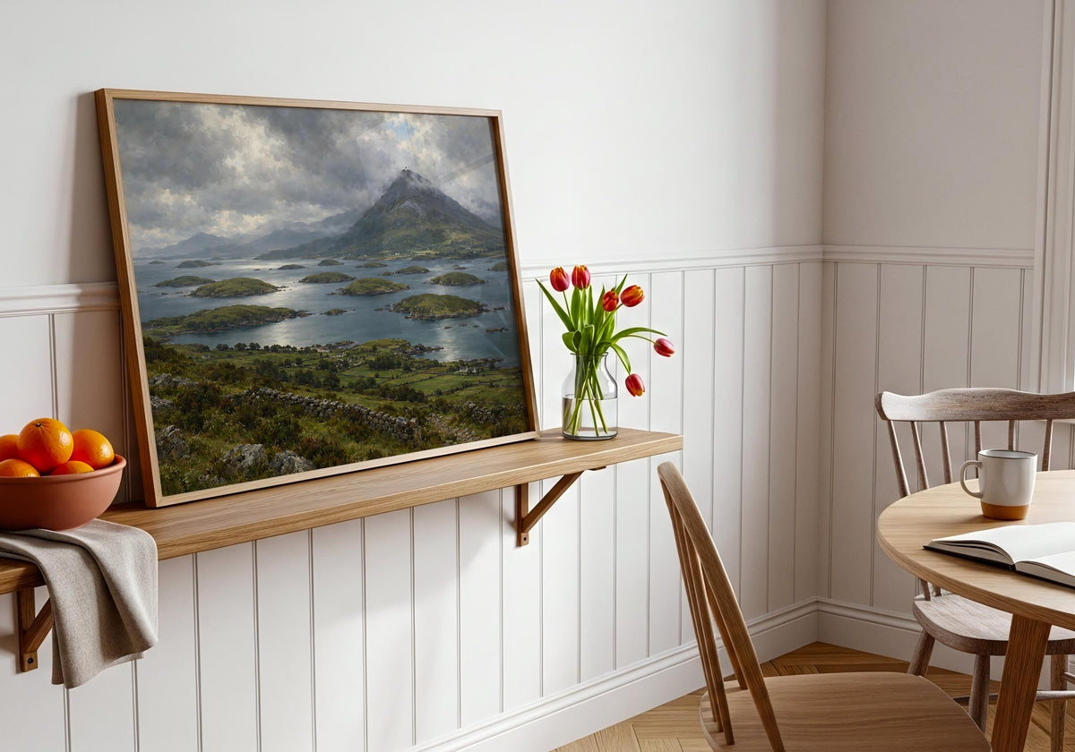 Croagh Patrick Clew Bay vintage Irish oil painting print – wall mockup 5