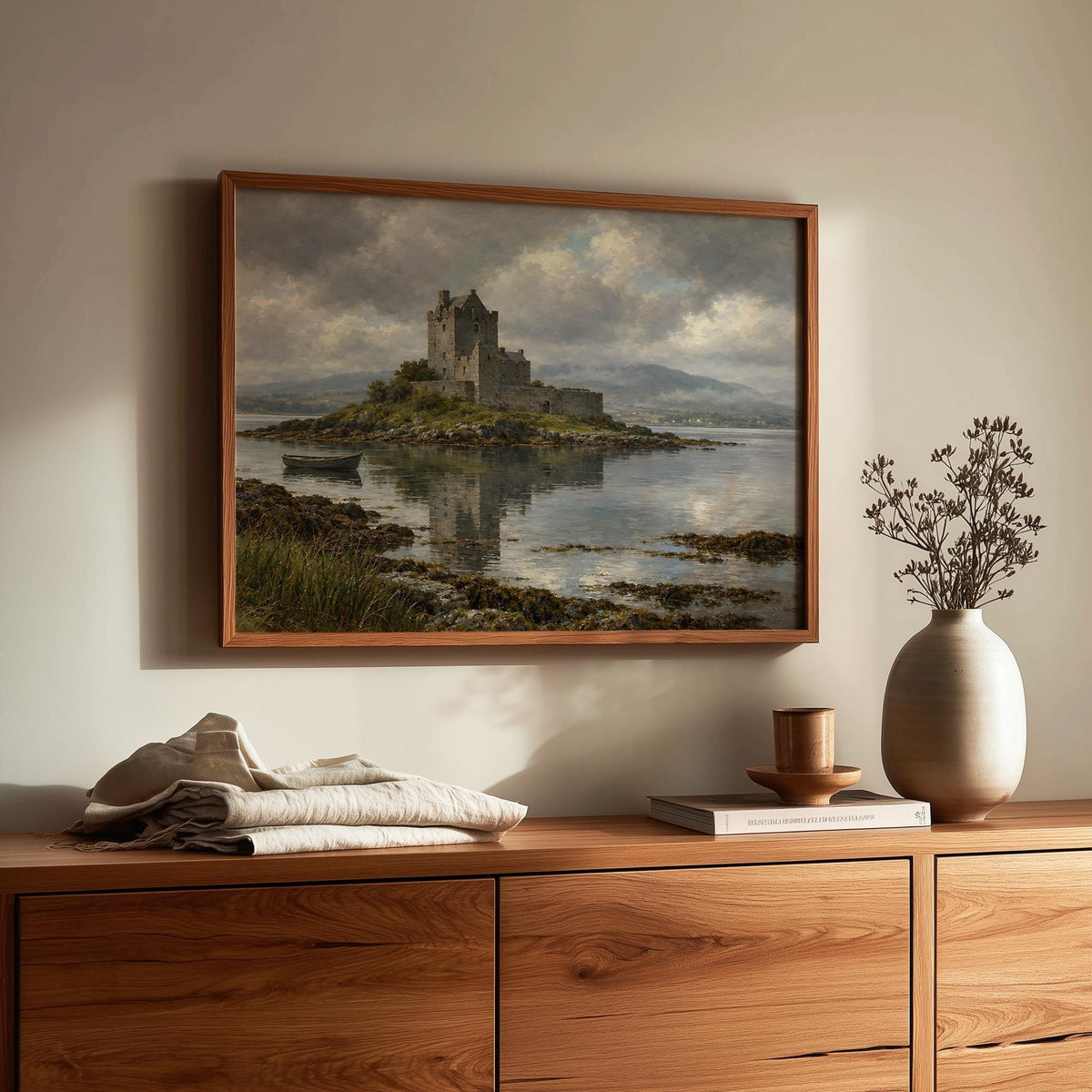 Dunguaire Castle vintage Irish oil painting print – wall mockup 2