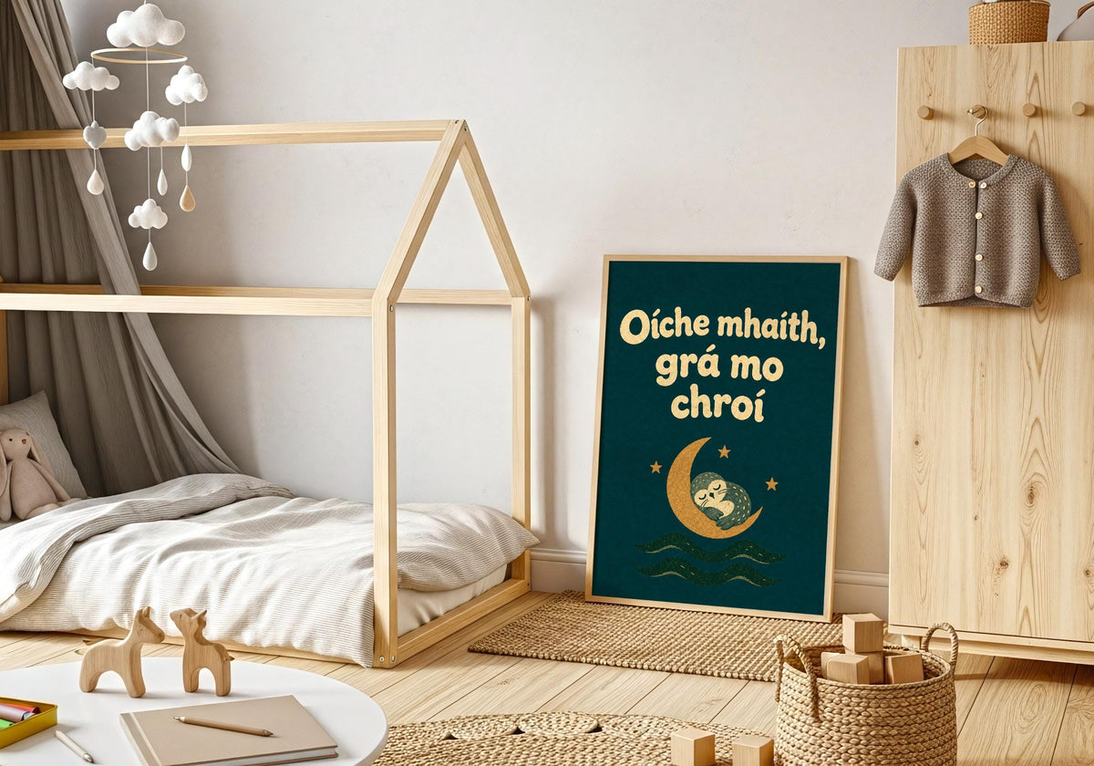 Oíche Mhaith Grá Mo Chroí Green Irish print – wall mockup 4