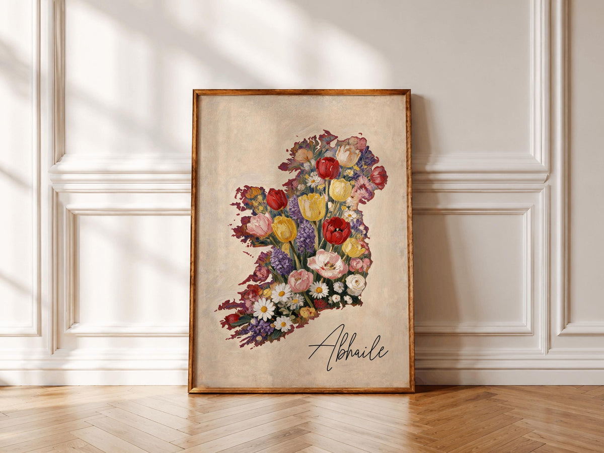 Abhaile floral map of Ireland print – wall mockup 1