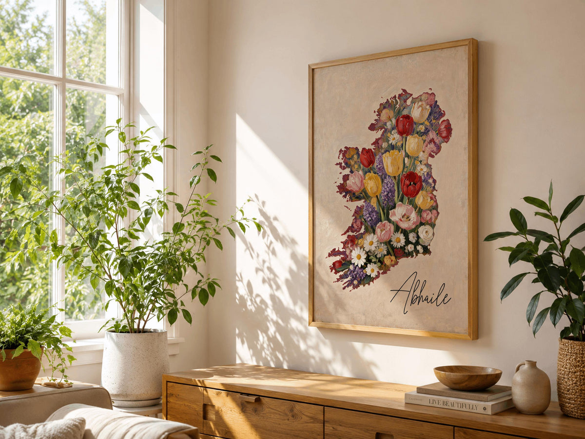 Abhaile floral map of Ireland print – wall mockup 3