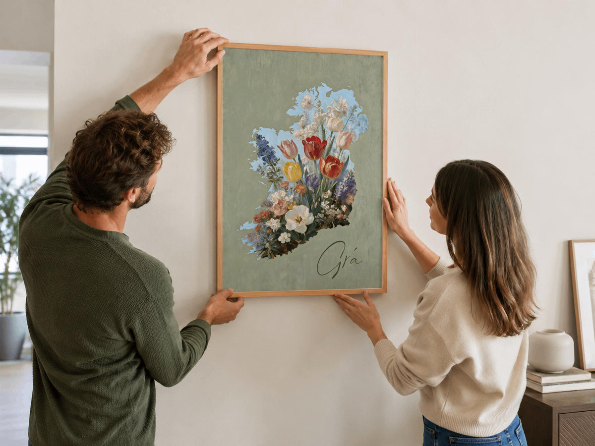 Grá floral map of Ireland print – wall mockup 2