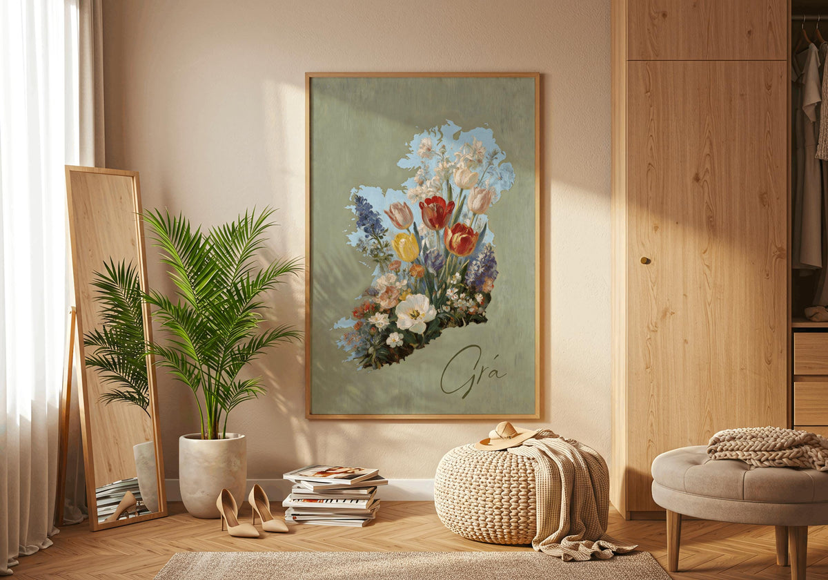 Grá floral map of Ireland print – wall mockup 3