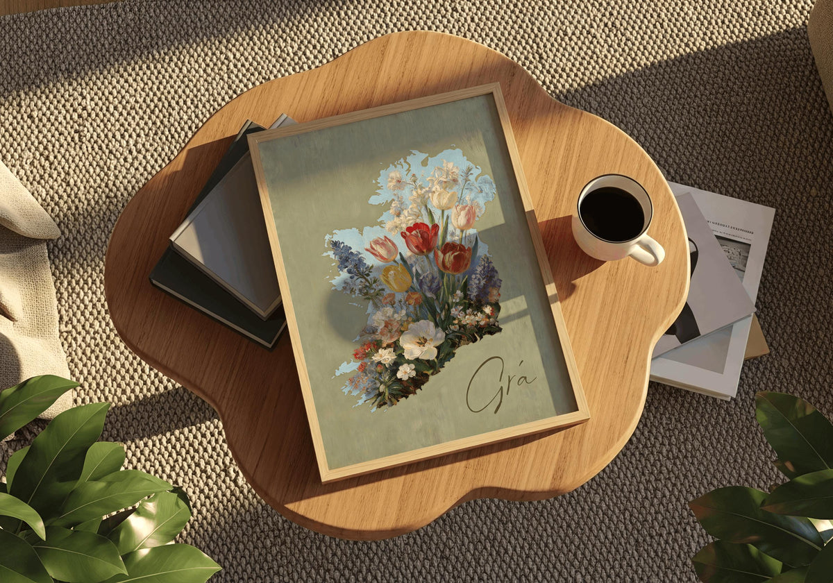 Grá floral map of Ireland print – wall mockup 5